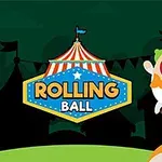 Klovni ajaa yksipyöräisellä sirkustaustaa vasten, vieressään teksti Rolling Ball