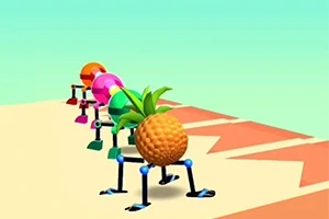Ananas ja värikkäät muodot jalallisina tasapainottelevat oranssiraidallisella alustalla