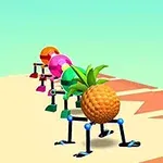 Ananas ja värikkäät muodot jalallisina tasapainottelevat oranssiraidallisella alustalla