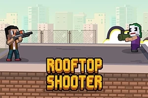 Kaksi pikselityylistä hahmoa taistelee katolla, taustalla kaupungin rakennuksia ja edessä teksti ROOFTOP SHOOTER