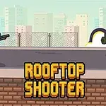 Kaksi pikselityylistä hahmoa taistelee katolla, taustalla kaupungin rakennuksia ja edessä teksti ROOFTOP SHOOTER