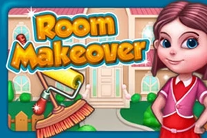 Piirroskuvassa nuori tyttö seisoo talon edessä, ja vieressä on teksti Room Makeover sekä maalaustela ja harja