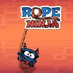Sinisävyinen ninja roikkuu köyden varassa oranssilla taustalla, ylhäällä lukee Rope Ninja