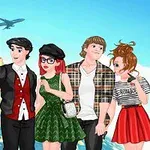 Neljä piirrettyä hahmoa ottamassa selfietä maamerkkien, kuten Eiffel-tornin ja Colosseumin, edessä