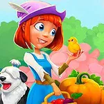 Punahiuksinen nainen violettissa hatussa pitelee keltaista tipua, vierellään iloinen koira, kurpitsa ja kori täynnä hedelmiä, taustalla mehiläisiä ja kukkia