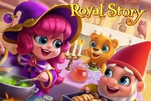 Royal Story Värikäs piirros, jossa on hymyilevä nuori noita, iloinen tonttu punaisessa hatussa ja pieni nallekarhu keittiössä kokkaamassa