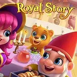 Royal Story Värikäs piirros, jossa on hymyilevä nuori noita, iloinen tonttu punaisessa hatussa ja pieni nallekarhu keittiössä kokkaamassa