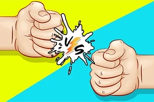 Kaksi nyrkkiä vastakkain keltaisella ja sinisellä taustalla, keskellä vs-symboli