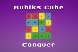 Violetilla taustalla on värikäs neliökuvio, joka koostuu pienistä numeroiduista ruuduista, ja tekstinä Rubiks Cube Conquer