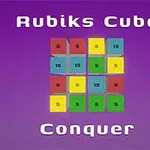 Violetilla taustalla on värikäs neliökuvio, joka koostuu pienistä numeroiduista ruuduista, ja tekstinä Rubiks Cube Conquer