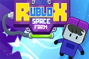 Värikäs avaruusaiheinen tausta, jossa on sarjakuvahahmo ja suurikokoinen kyltti, jossa lukee Rublox Space Farm