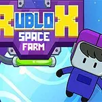 Värikäs avaruusaiheinen tausta, jossa on sarjakuvahahmo ja suurikokoinen kyltti, jossa lukee Rublox Space Farm
