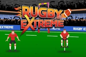 Kaksi piirrettyä rugby-pelaajaa vihreällä kentällä, taustalla katsomo ja suurikokoinen teksti