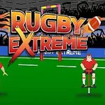 Kaksi piirrettyä rugby-pelaajaa vihreällä kentällä, taustalla katsomo ja suurikokoinen teksti