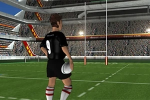 Mies mustassa peliasussa seisoo rugby-kentällä pitelemässä palloa maalitolppien edessä