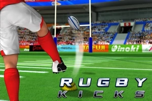 Henkilö potkaisee rugby-palloa kohti maalia, stadionin katsomon edessä