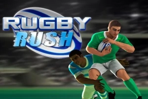 Kaksi rugbypelaajaa pelikentällä, joista toinen yrittää taklata toista, taustalla näkyy yleisö ja suurikokoinen teksti Rugby Rush