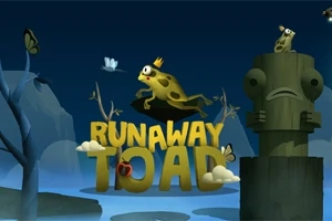 Kruunupäinen rupikonna hyppää riippumatolla, ympärillään teksti Runaway Toad, perhosia, hyönteinen ja puupatsas pimeässä metsämäisessä ympäristössä