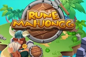Puinen kilpi, jonka päällä lukee Rune Mahjongg, trooppisten kasvien ja viikinkivarusteiden ympäröimänä