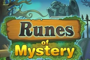 Puisella kyltillä lukee Runes of Mystery, taustalla sinertävä taivas, puu ja patsas