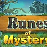 Puisella kyltillä lukee Runes of Mystery, taustalla sinertävä taivas, puu ja patsas