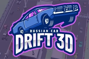 Sinisävyinen auto ja teksti Russian Car Drift 3D violetilla reunuksella, taustalla kaupunkimaisema