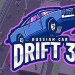 Sinisävyinen auto ja teksti Russian Car Drift 3D violetilla reunuksella, taustalla kaupunkimaisema