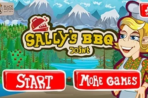 Värikäs kuva vuoristomaisemasta, jossa on järvi, metsää, piirretty hahmo ja teksti Sallys BBQ Joint korostettuna