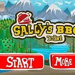 Värikäs kuva vuoristomaisemasta, jossa on järvi, metsää, piirretty hahmo ja teksti Sallys BBQ Joint korostettuna