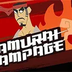 Piirros samuraimiehestä, jolla on panta ja miekan terä, taustalla liekkejä ja teksti Samurai Rampage