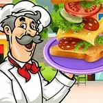 Piirroshahmo kokki pitelee lautasta, jossa on kerrostettu voileipä, taustalla näkyy rakennus ja suuri toistopainike