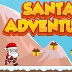 Joulupukki seikkailee lumeen peitetyllä kentällä, taustalla vuoria, lahjapaketteja ja kuusi, jonka päällä teksti Santa Adventure