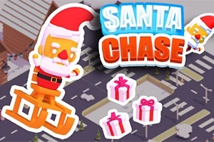 Joulupukki kelkassa ja kolme lahjapakettia ilmestyvät kaupungin kadulle, jossa lukee Santa Chase