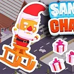 Joulupukki kelkassa ja kolme lahjapakettia ilmestyvät kaupungin kadulle, jossa lukee Santa Chase