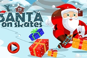 Joulupukki luistelee lumisessa maisemassa lahjojen kanssa