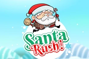 Joulupukki punaisessa lakissa ja saattosäkkiä kantaen, sinisellä taustalla otsikolla Santa Rush!