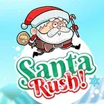 Joulupukki punaisessa lakissa ja saattosäkkiä kantaen, sinisellä taustalla otsikolla Santa Rush!