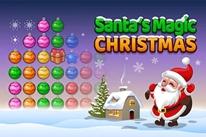 Joulupukki seisoo lumisessa maisemassa pienen mökin vieressä, taustalla kuusipalloja ja teksti Santas Magic Christmas