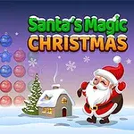 Joulupukki seisoo lumisessa maisemassa pienen mökin vieressä, taustalla kuusipalloja ja teksti Santas Magic Christmas