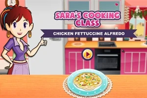 Piirroshahmo keittiössä, jossa on lautanen kanapastaa pöydällä ja Saras Cooking Class -teksti yläpuolella