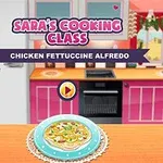 Piirroshahmo keittiössä, jossa on lautanen kanapastaa pöydällä ja Saras Cooking Class -teksti yläpuolella