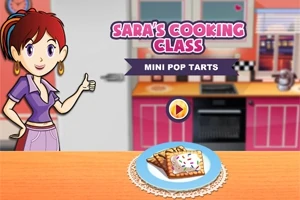 Piirretty nainen seisoo keittiössä, pöydällä lautasella mini pop tarts -leivonnainen