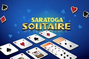 Korttipeli sinisellä taustalla, jossa kortteja on aseteltu riviin ja päällä lukee teksti Saratoga Solitaire