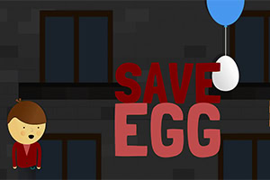 Piirroshahmo ja teksti SAVE EGG tummalla taustalla, kananmunan roikkuessa ilmapallosta