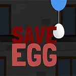 Piirroshahmo ja teksti SAVE EGG tummalla taustalla, kananmunan roikkuessa ilmapallosta