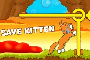 Oranssi kissa vetämässä kahvaa kalliomaisemassa, tekstillä SAVE KITTEN