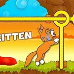 Oranssi kissa vetämässä kahvaa kalliomaisemassa, tekstillä SAVE KITTEN