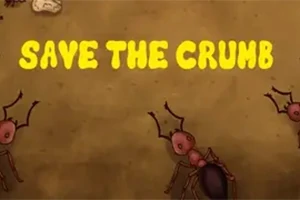 Muurahaisia kulkemassa ruskealla taustalla, jossa lukee SAVE THE CRUMB
