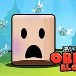 Yksinkertainen laatikkomainen hahmo yllättyneellä ilmeellä vihreällä niityllä, ympärillään lentäviä hyönteisiä, taustalla näkyy puita ja teksti Save the Obby Blox
