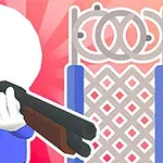 Hahmo sinisessä paidassa pitelee haulikkoa edessään koristeellinen aita, taustalla punertava säteikkökuvio